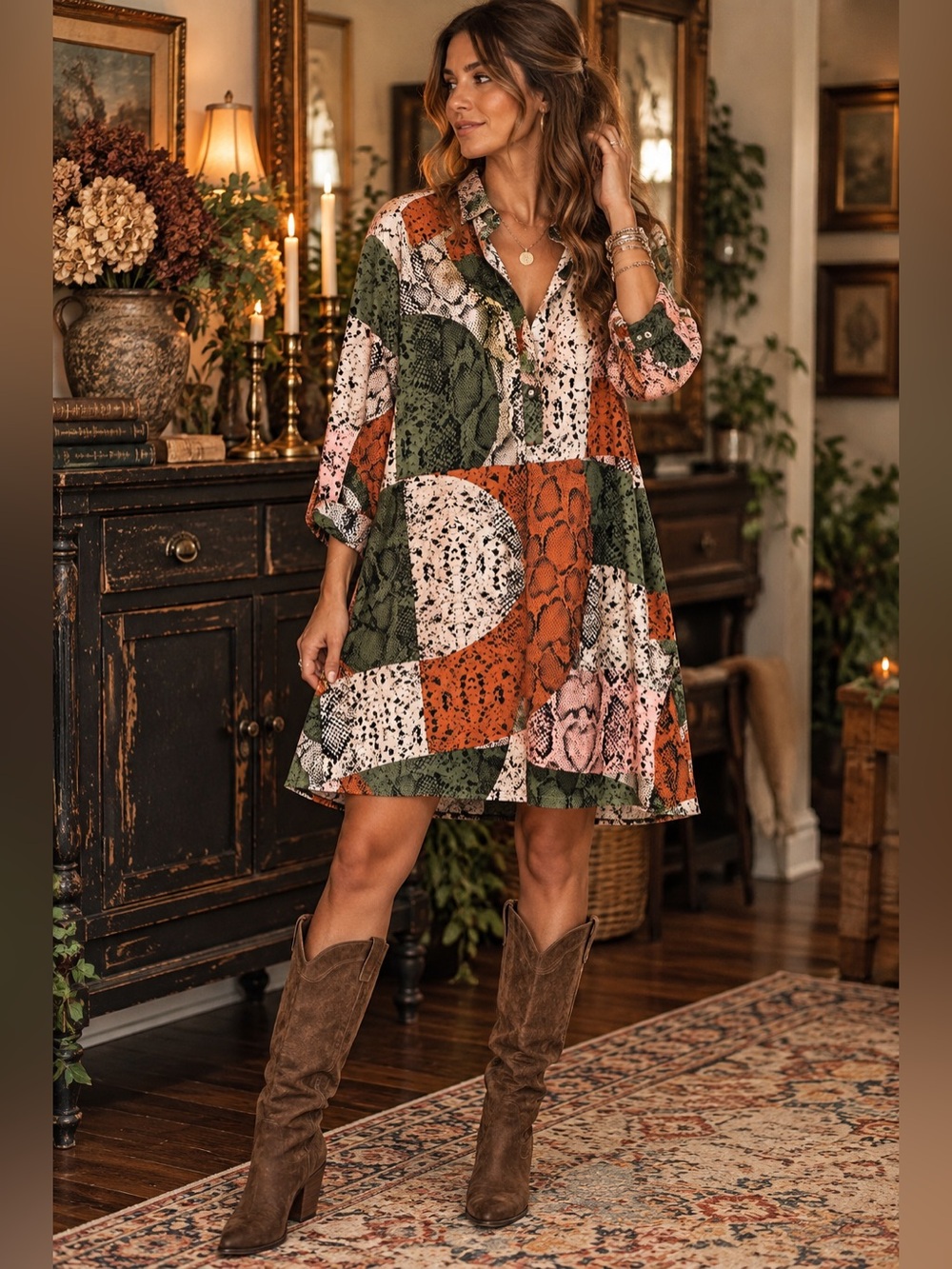 Hutch Patchwork Snake-Print Tunic Dress in Green, Rust & Pink. Size Small